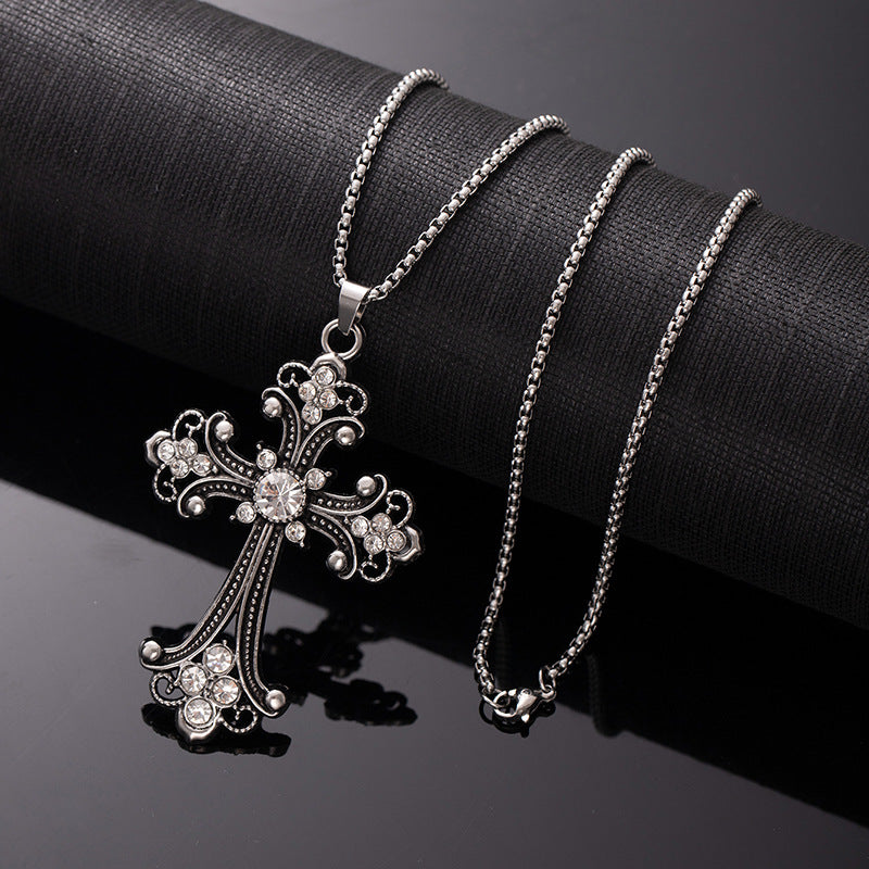 Wholesale Hollow Flower Necklace Diamond Cross Pendant Necklace Sweater Chain